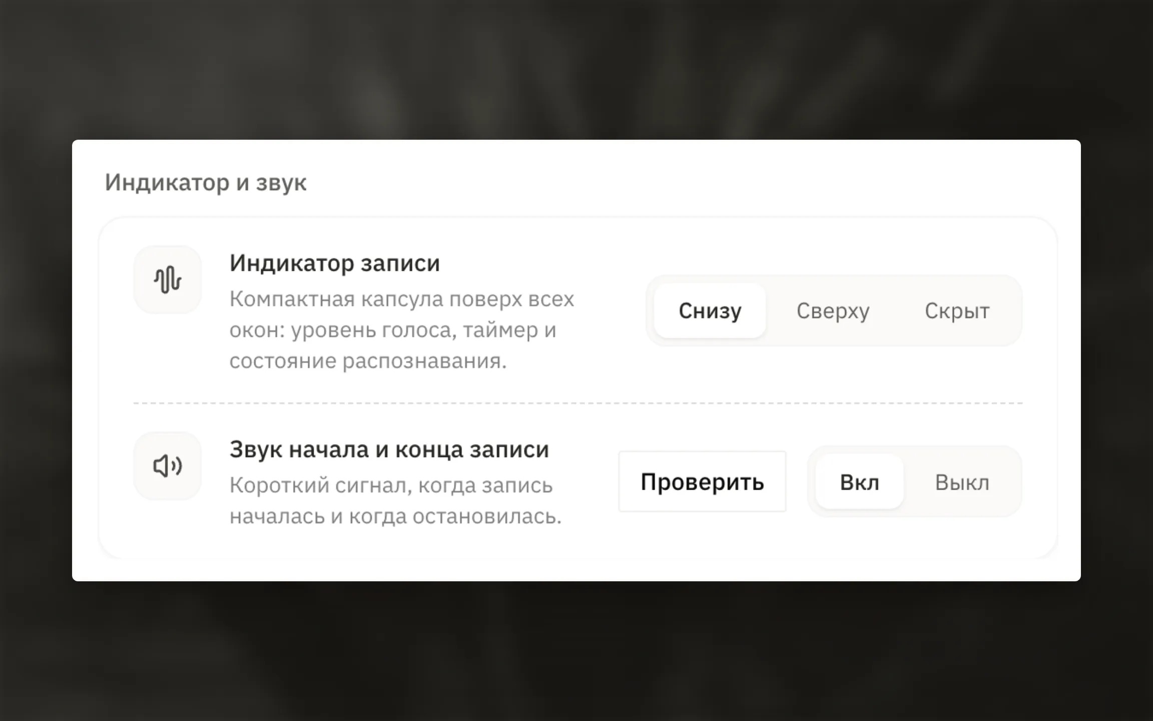 Настройки положения индикатора и звуков начала и окончания диктовки.