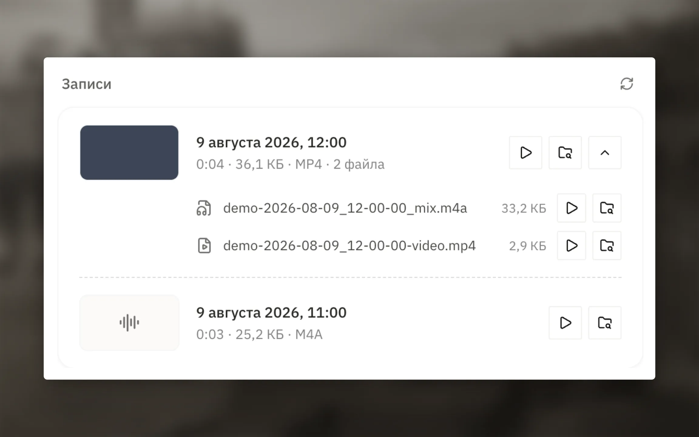 Список локальных записей на компьютере.